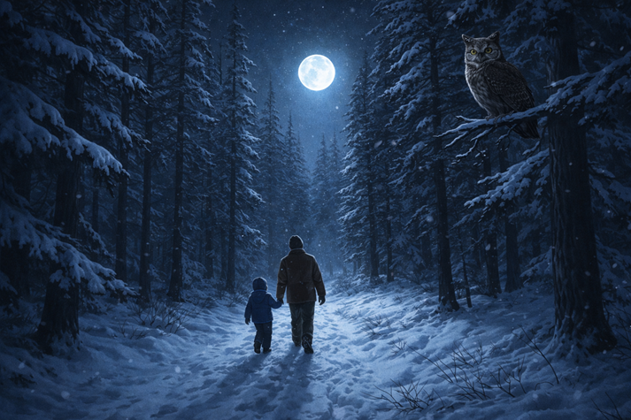 A quiet snowy forest at night with a bright moon shining through tall trees, a child and parent walking, and an owl perched above them.